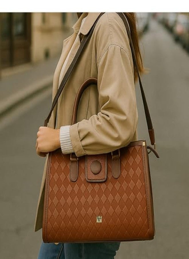 VINNIE Women's Quilted Handbag with Dual Handles & Sling Strap | Single Compartment, 2 Pockets | Zipper & Button Closure (Brown) - Image 4